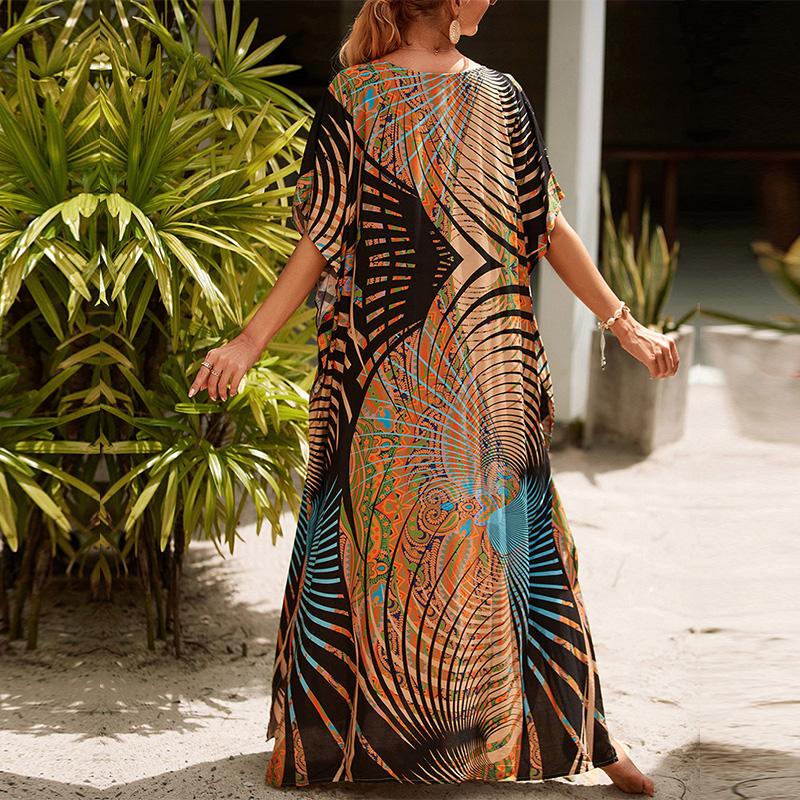 EDOLYNSA Multicolored Kaftan Bohemian Printed V-neck Batwing Sleeve Maxi Dress Women Beachwear Half Sleeve Maxi Dress Robe Q1342
