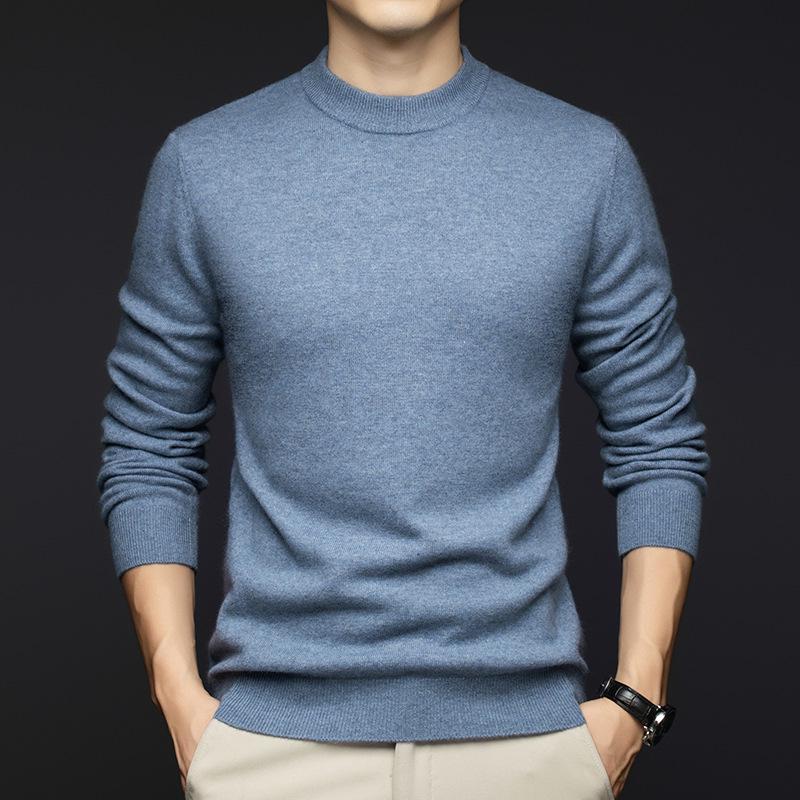 Winter 2025 Men's Cashmere Round Neck Sweater - Fashionable, Warm, Solid Color Base Layer