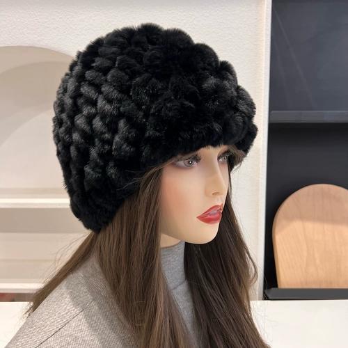 Real Rex Rabbit Hair Hat Women's Thickened Hair Hat Fur Cold Warm Ear Protection Plush Knitted Hat Baotou Hat Autumn and Winter