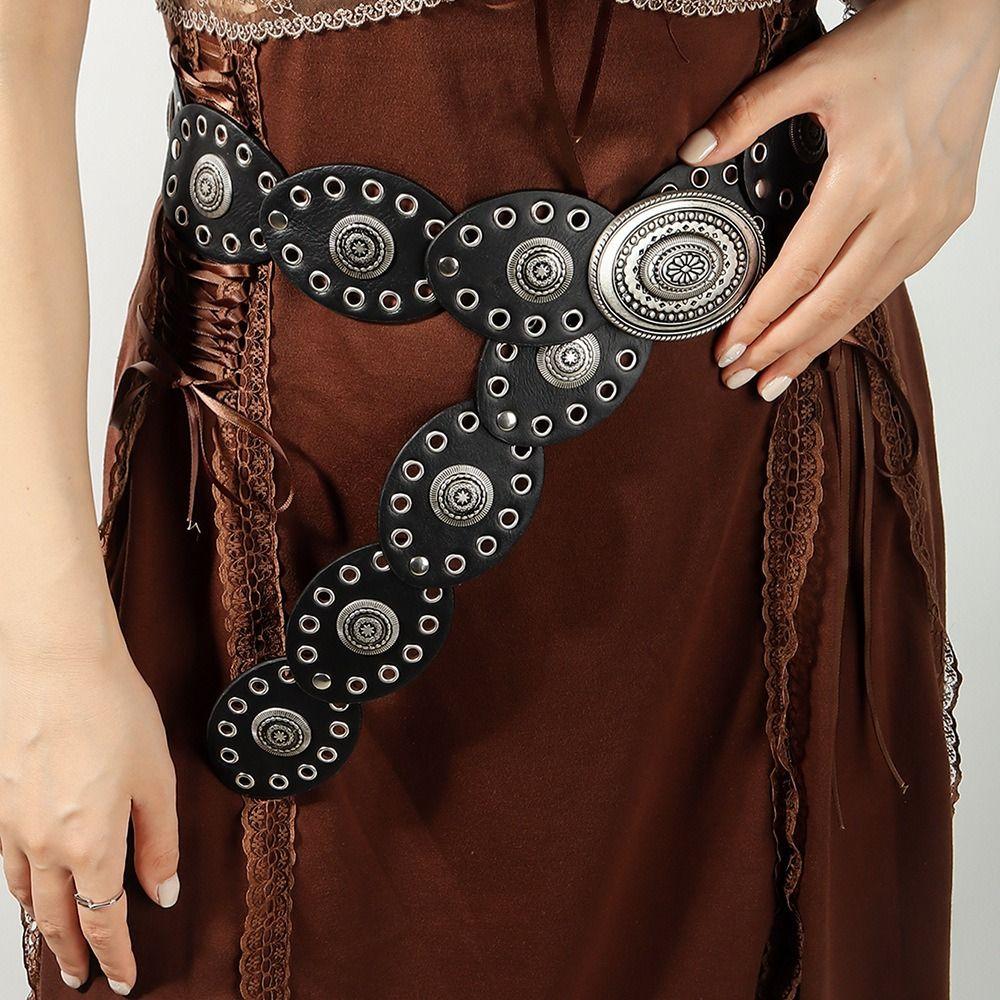 Zinc Zinc Alloy Cowgirl Buckle Belt Vintage Oval PU Hollow Belt Fashion Cowboy Waistband  Dress Decoration