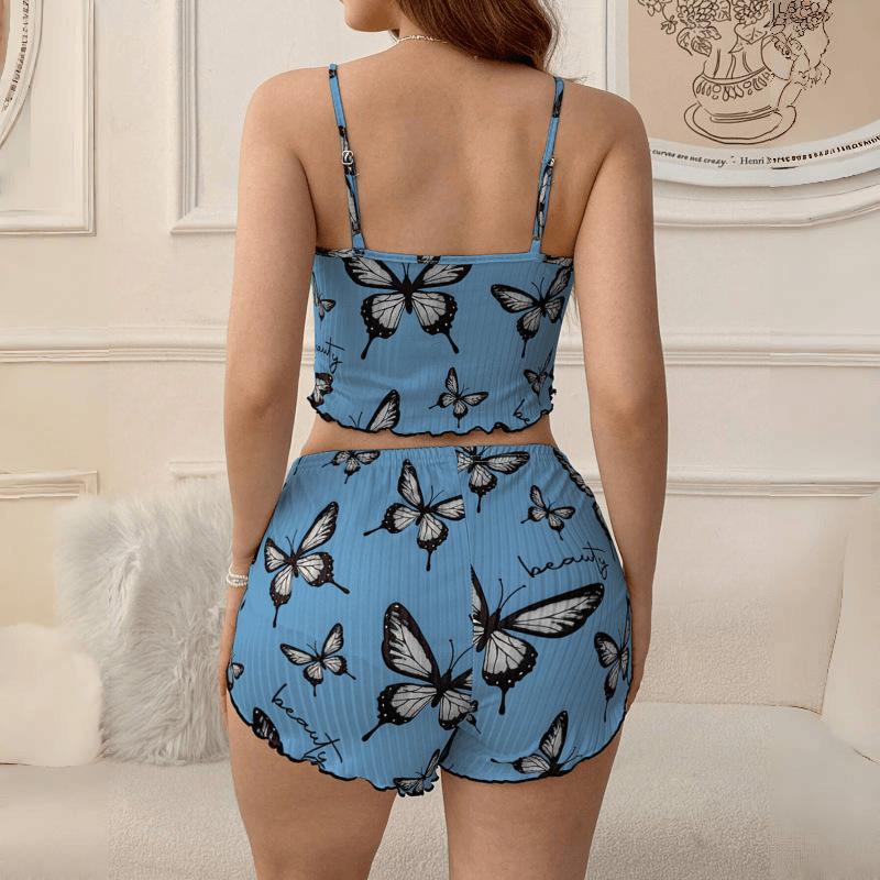 Women’s Fashion Butterfly Print Ribbed Cami Top and Shorts Two-Piece Pajama Set Comfortable Loungewear