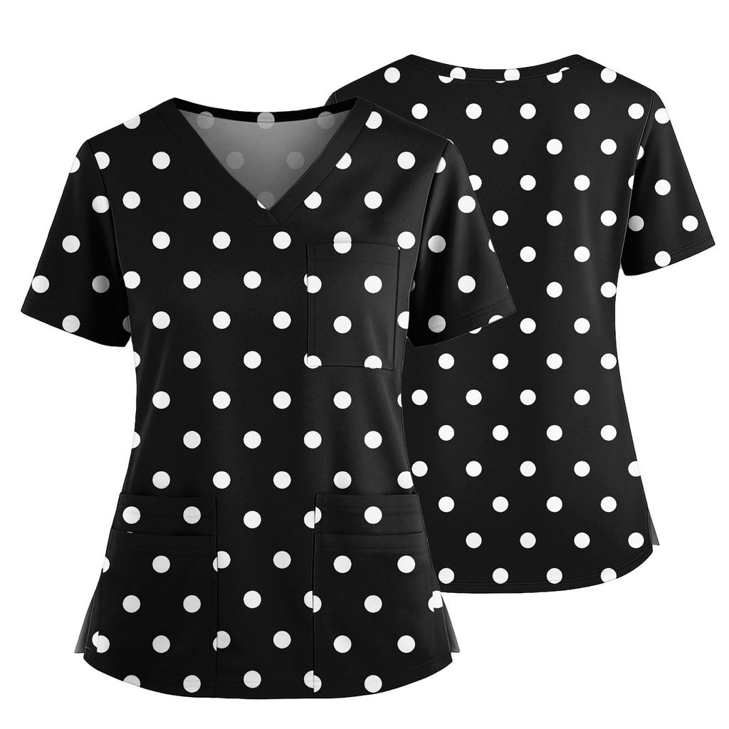 Women's Casual Printed V-Neck Pocket Side Slit Short Sleeved Top Short Sleeved Top