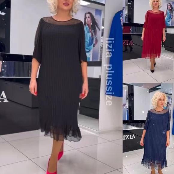 European and American Plus Size Slimming Mid-Length Women's Dress with Five-Sleeve Round Neck