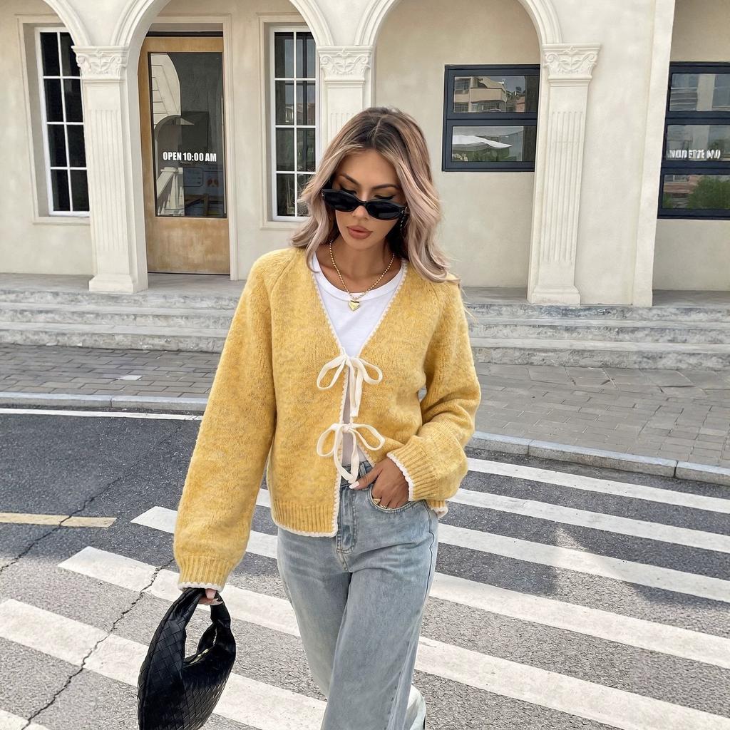 Autumn and Winter New Bow Tie Knitted Cardigan Women's Loose Wild Contrast Sweater Jacket