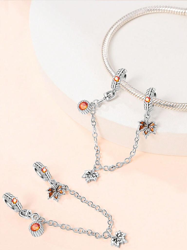Copper Colors Maple Leaf Charity Safety Chains Bead Charm Pendant For Original Bracelet For Women Diy Jewelry Love Gift