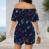 Women Plus Size Off Shoulder Short Sleeve Romper Abstract Liquid Marble Swirl Print Casual Jumpsuit Shorts