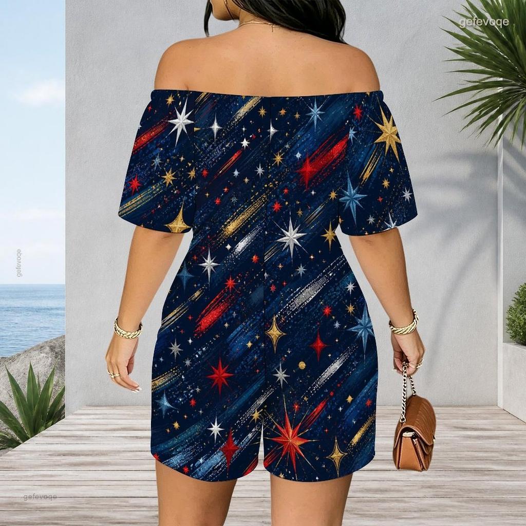 Women Plus Size Off Shoulder Short Sleeve Romper Abstract Liquid Marble Swirl Print Casual Jumpsuit Shorts