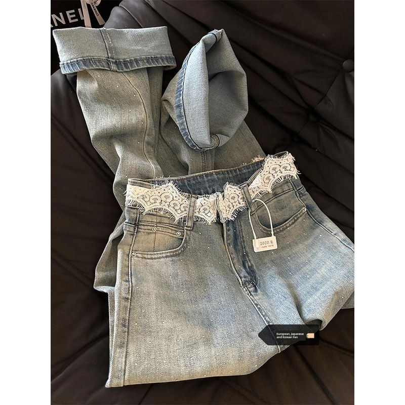 

Женские джинсы больших размеров, кружевные вставки, высокая посадка, прямой крой, деним, весна, стильные, ретро, горячая отделка, свободные широкие брюки, тренд Blue L [Suggested 52.50 kg-60.00 kg]]