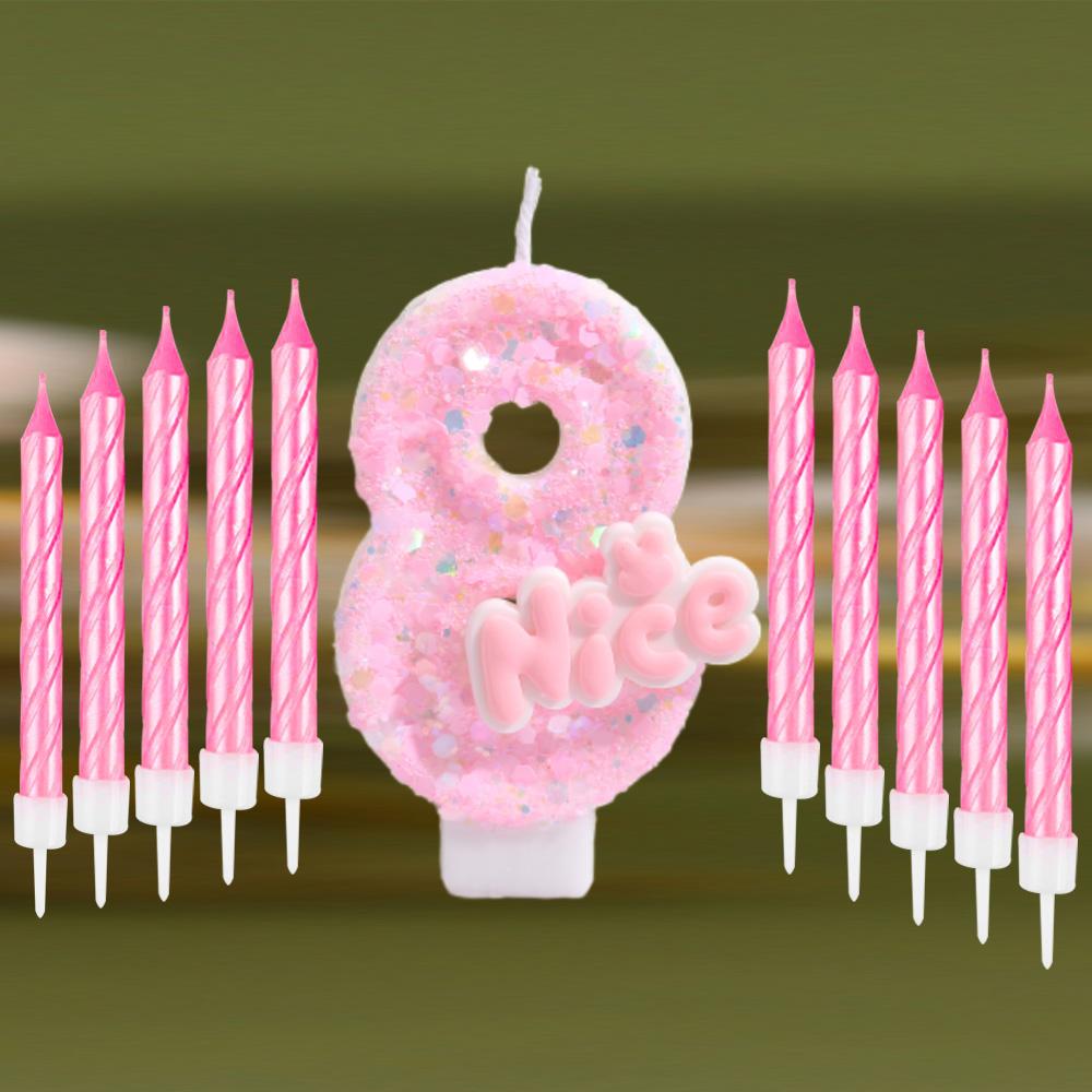 11pcs Glitter Pink Nice Birthday Candle 0-9 Cake Topper Decorations for Girl Woman Baby Shower Party Wedding Decor Supplies