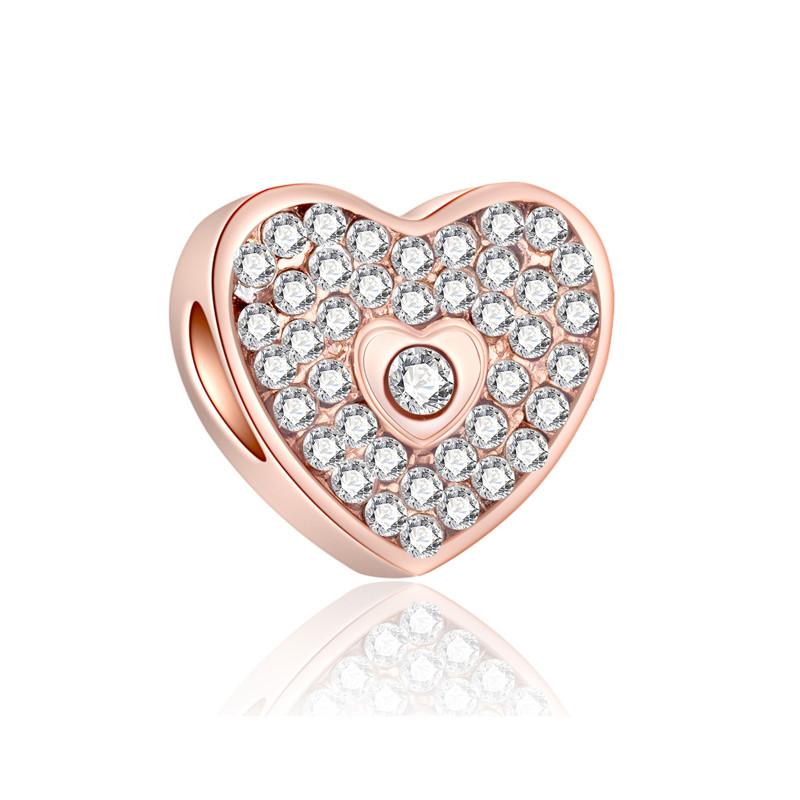 Fashion Rose Gold Plated Crystal Love Heart Flower Charms Bead Fit Original Bracelet Charm Pendants for DIY Jewelry Making
