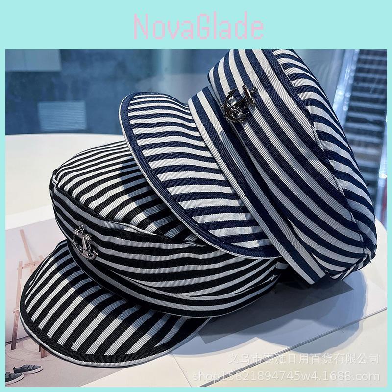 Nautical Striped Sailor Hat With Wide Brim Sun Protection For Summer Beach Style
