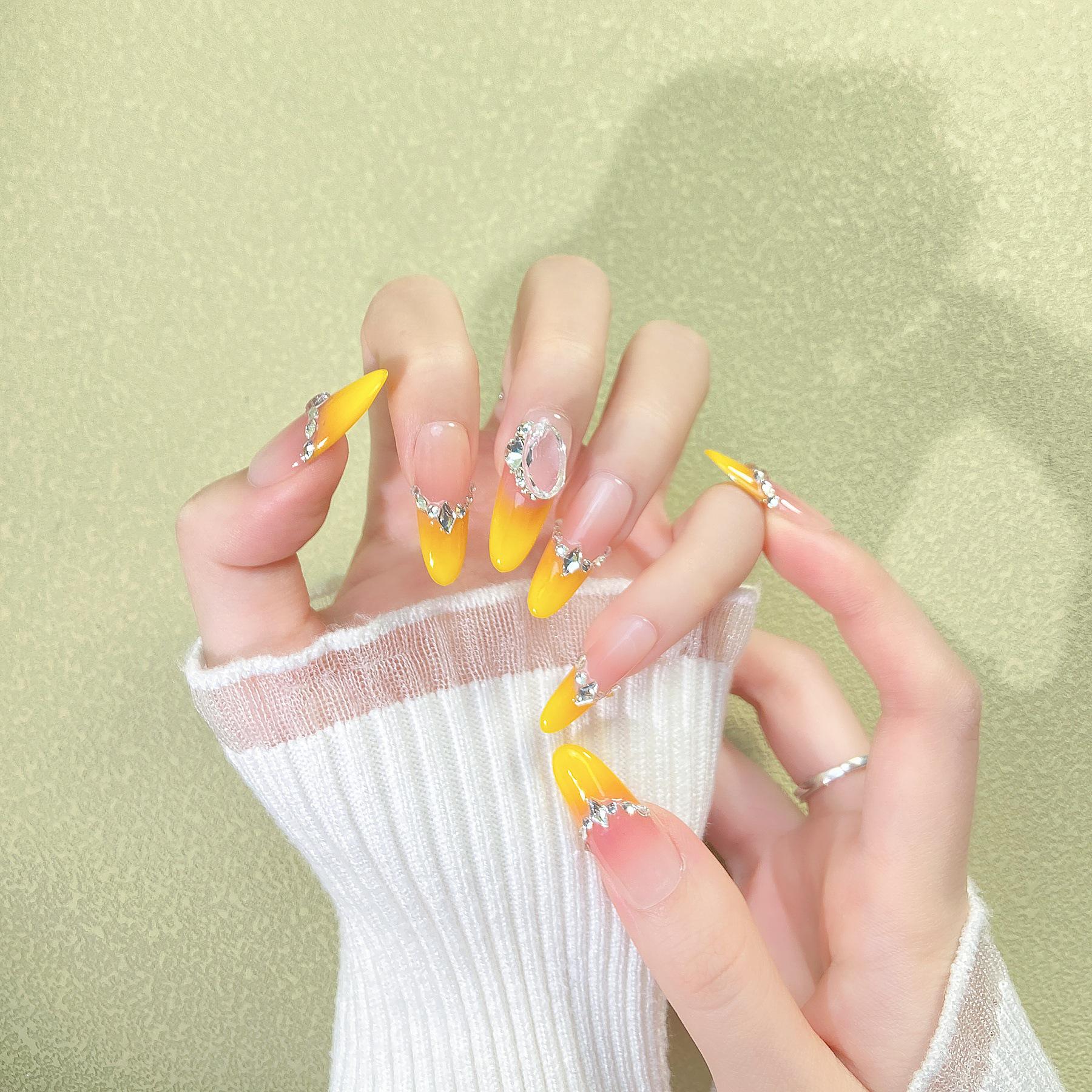 Pure Handmade Gradient Gemstone Rhinestone Nail Stickers - Yellow Pink, Light Luxury Style