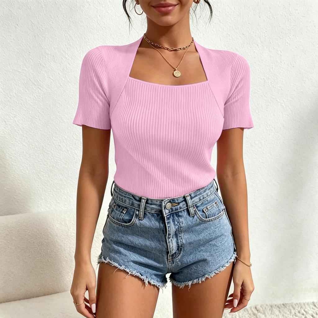 Women's Square Neck Short Sleeve Knit Top Slim Fit Color Casual Pullover Blouse