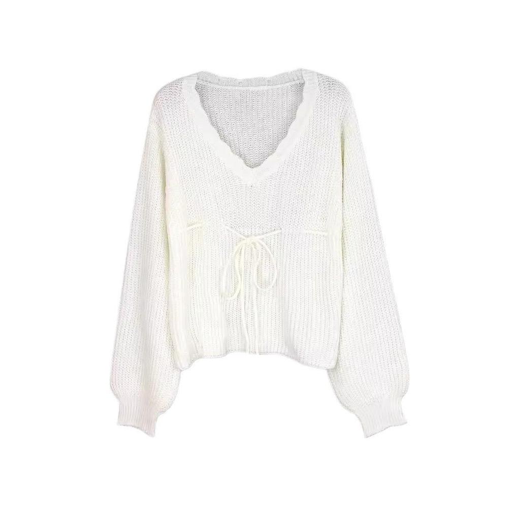 European & American Solid Color Tie-Up Pullover Knitwear for Spring, Autumn, Winter