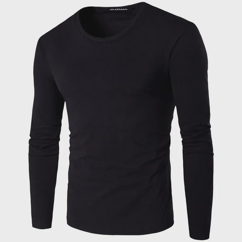 Men's Long-Sleeve Slim Fit Round Neck Cotton T-Shirt - Solid Color Autumn/Winter Collection