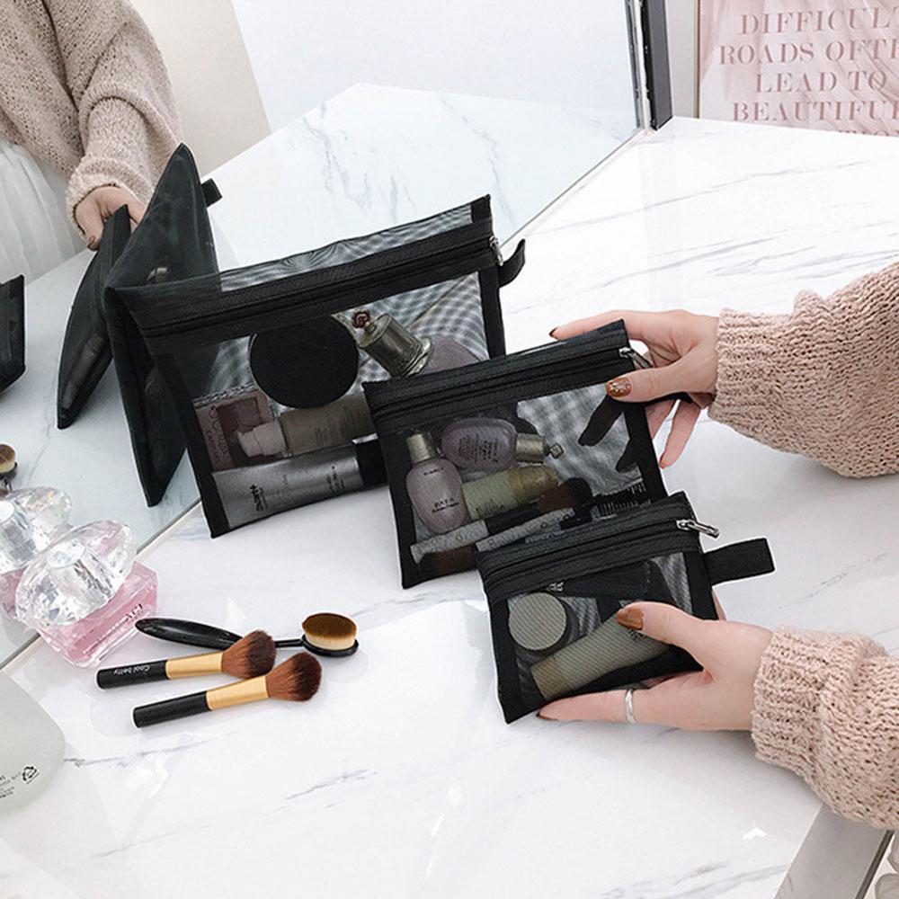 1/3 stücke Schwarz Reise Kosmetiktaschen Männer Frauen Solide Mesh Kleine Große Make-Up Tasche Tragbare Toilettenartikel Organizer Lippenstift Lagerung Beutel