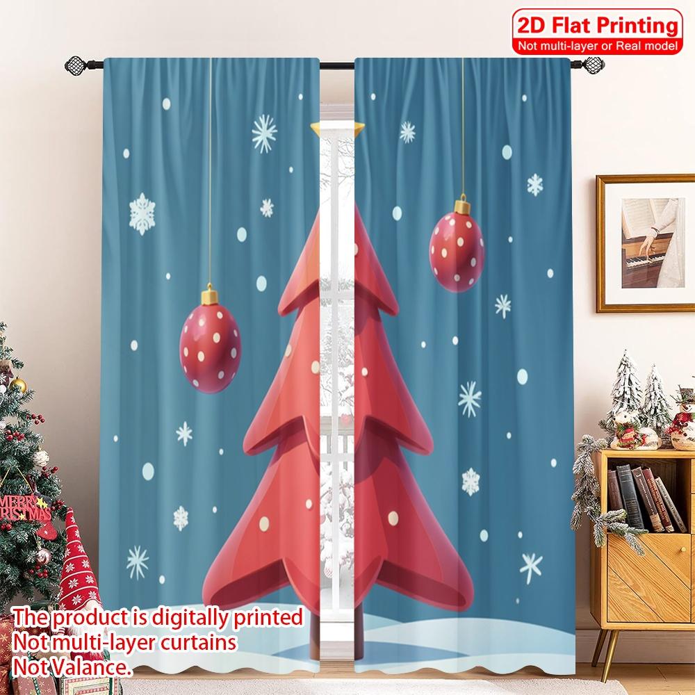 

2pcs 2D flat printing Merry Christmas Window Drapes Red Christmas Tree Baubles Polyester Without Electricity Birthday Party for 52.50×116.00 CM 2pcs