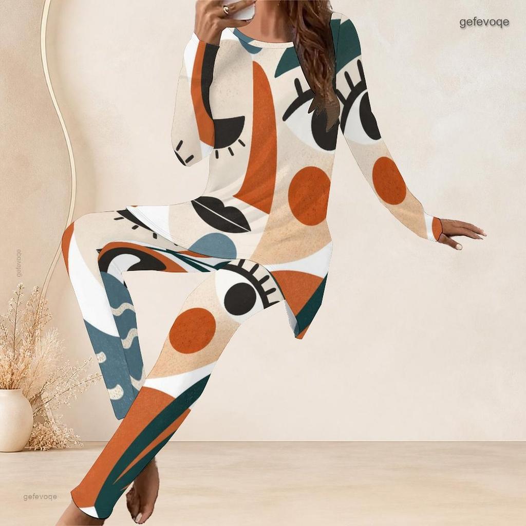 Women Plus Size Navy Blue Gold White Printed Round Neck Long Sleeve Longline Top Fitted Pants Two Piece Set