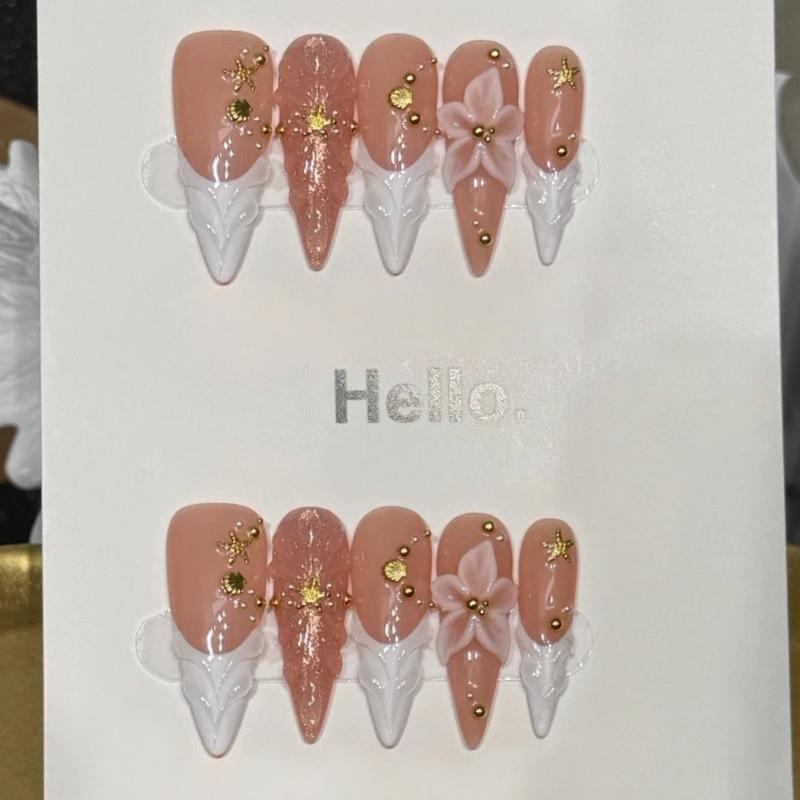 10Pcs Leopard Print Long Stiletto False Nails Full Cover Butterfly Flower Decor Press On Nails