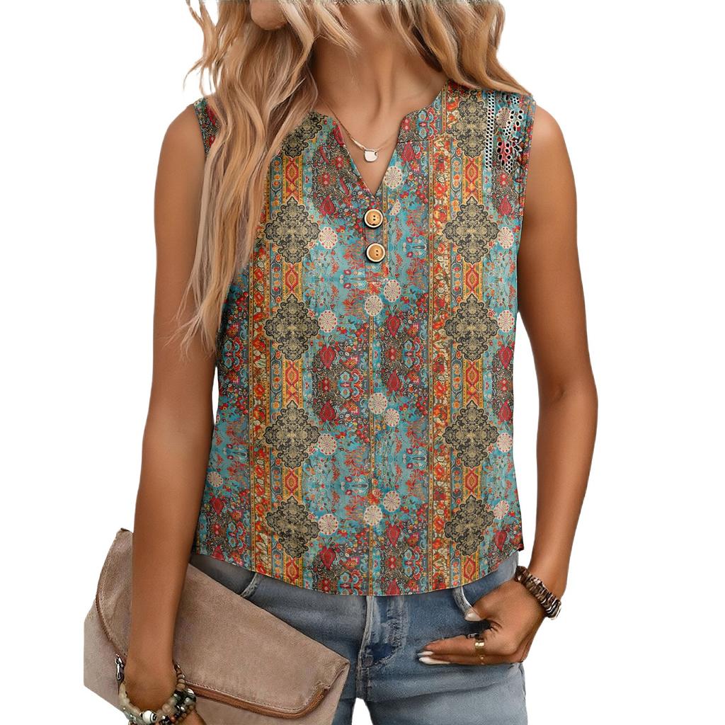 Women's Casual, Loose-Fitting, Printed, Sleeveless Linen Blouse