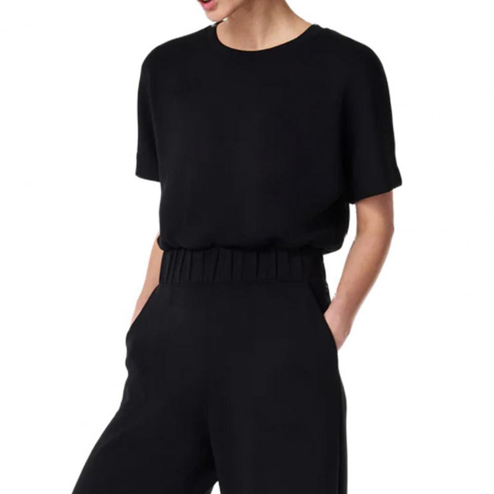 Summer Women Jumpsuit O Neck Short Sleeves Elastic Waist Wide Leg with Side Pockets Solid Color Loose Casual Daily Wear Ankle Le