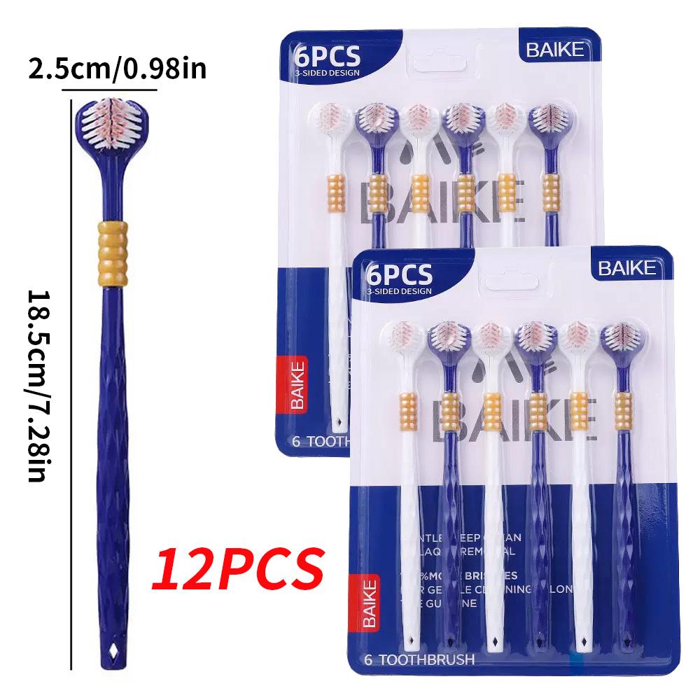 6, 12- Family Soft Bristled Three Sided Toothbrush - Efficient Cleaning Three Headed Manual Toothbrush