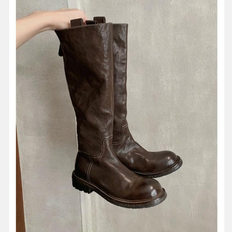 ~ Retro Washed Horse Skin High Tube Thin Medium Boots Thick Heel Thick Sole Knight Boots Women