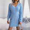 Frauen Herbst Winter Hohe Taille Twist Wrap V-ausschnitt Langarm Einfarbig Hüfte Pullover Kleid SL