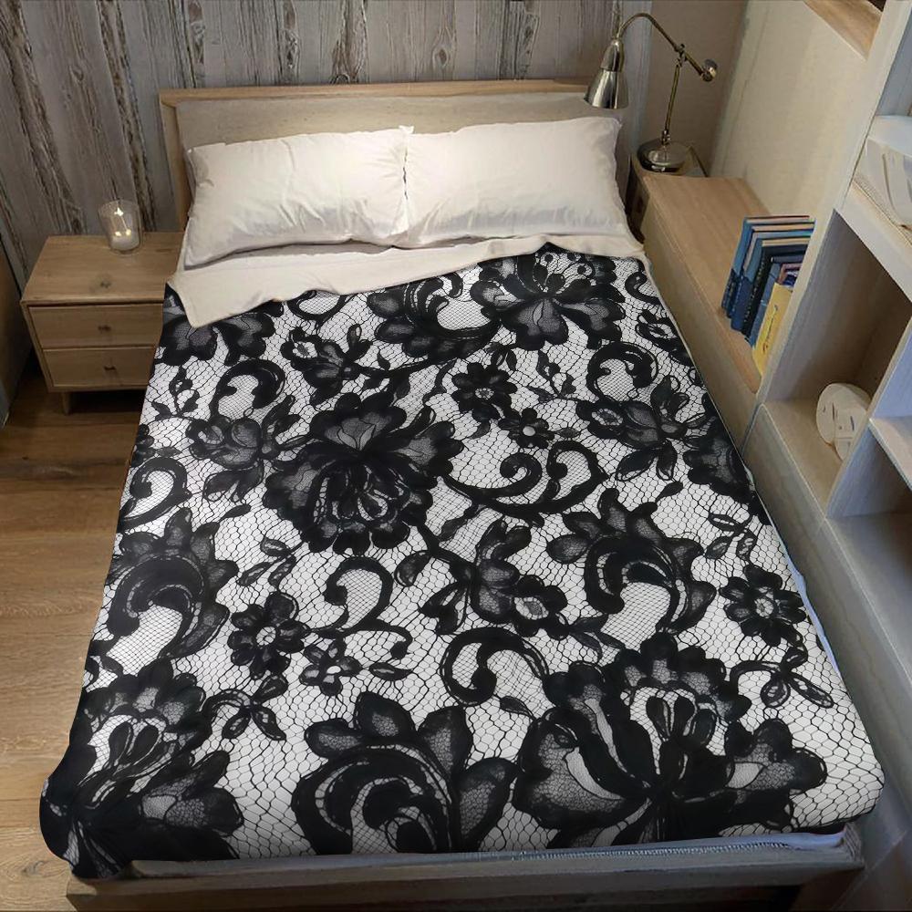 Black Lace Floral Flannel Blanket Warm Soft Halloween Christmas Couch Warm Cozy Decorative Decor Gift For All Season