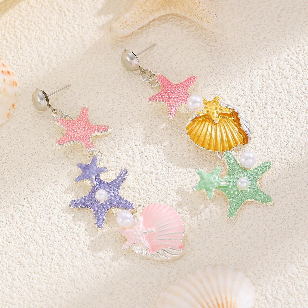 Colorful Ocean Theme Starfish Shell Drop Earrings Asymmetric Summer Beach Dangle Earrings for Women
