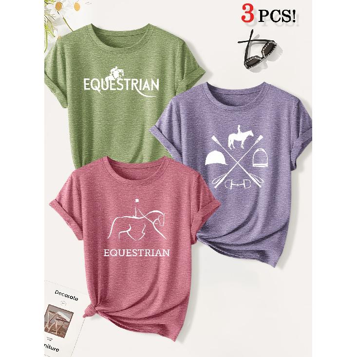 3 Equestrian-themed printed fashion retro-style women's short-sleeve suit Versatile for daily commuting and casual wear in spring and summer T Shirt