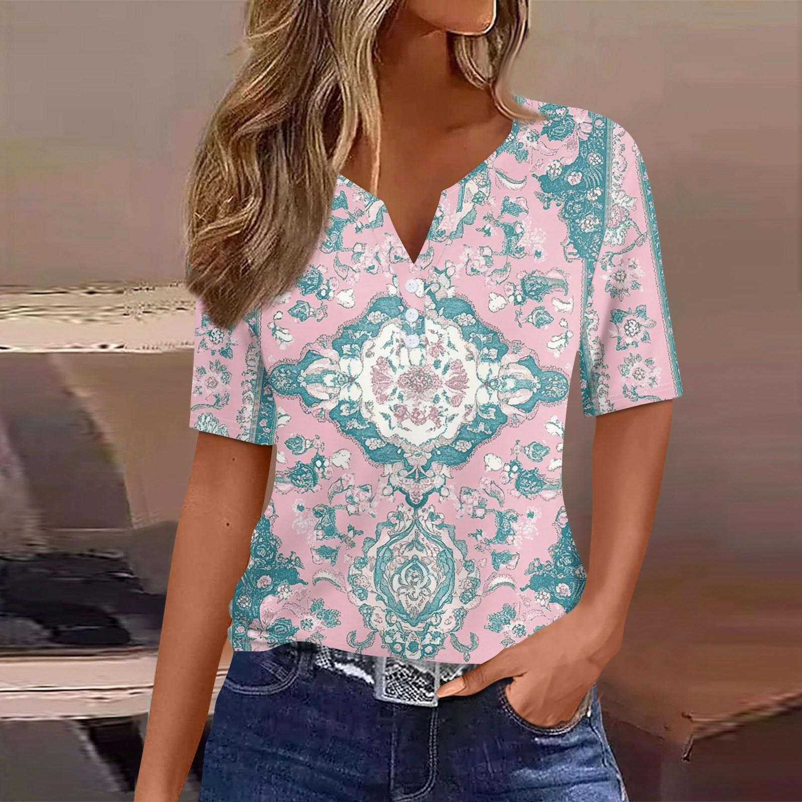 

Women s Casual Printed V-Neck Short Sleeve Decorative Button T-Shirt Top M