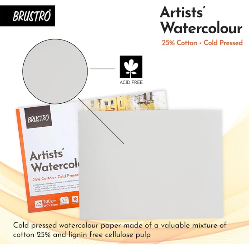 Brustro Artist 25% Cotton Watercolour Glued Paper Pad Cold Pressed 200 Gsm A3-20 Sheets | Ideal For Professional Drawing
