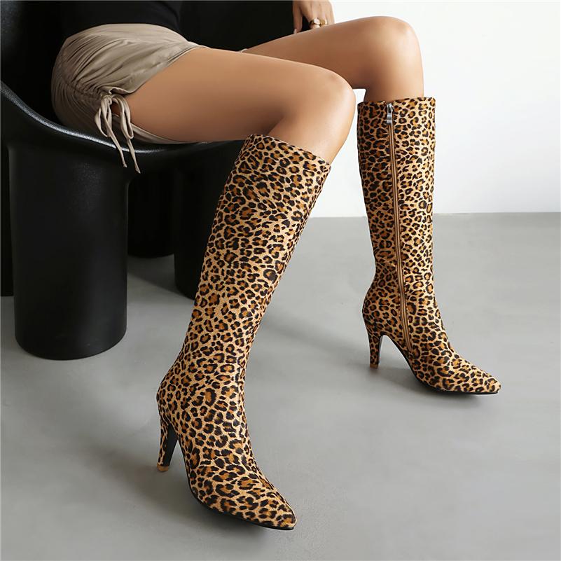 FOREADA Women Knee High Boots Pointed Toe Kitten High Heels Zipper Long Boots Ladies Fashion Shoes Autumn Winter Beige 46