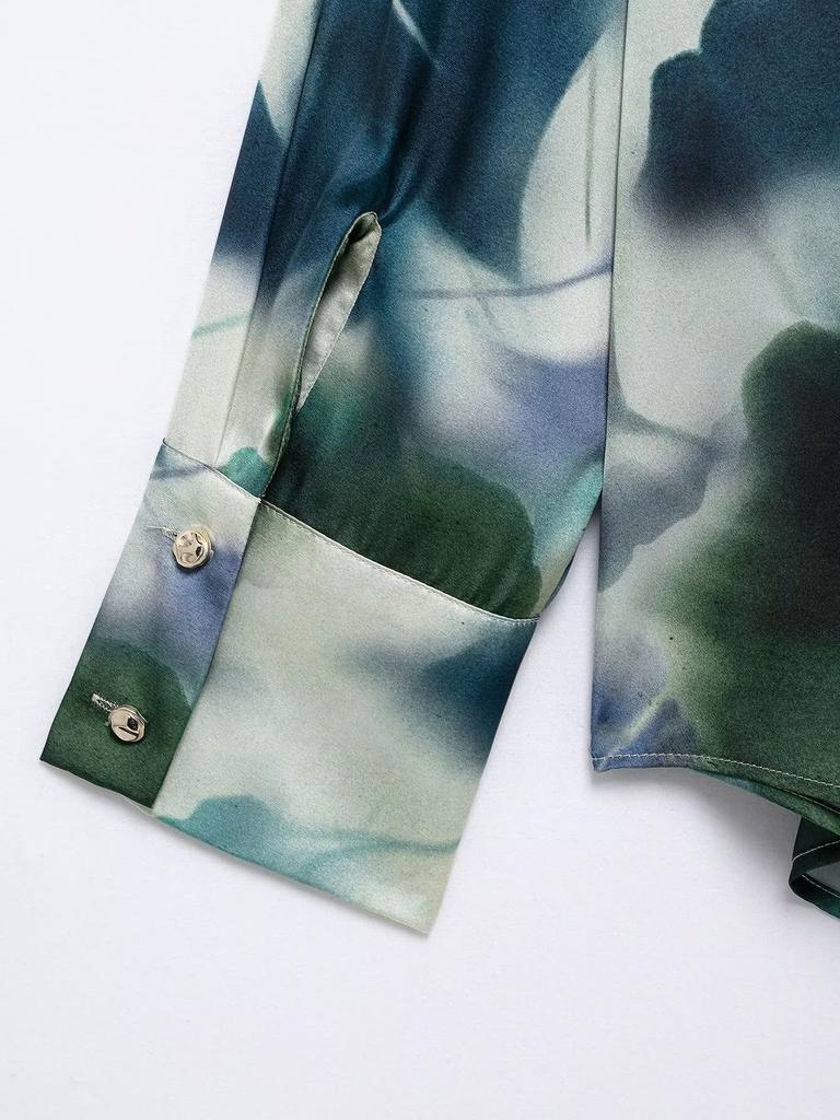 ZR1116 Spring European and American Women's POLI Collar Leaf Printing Casual Silk Satin Textured Long Sleeve Shirt