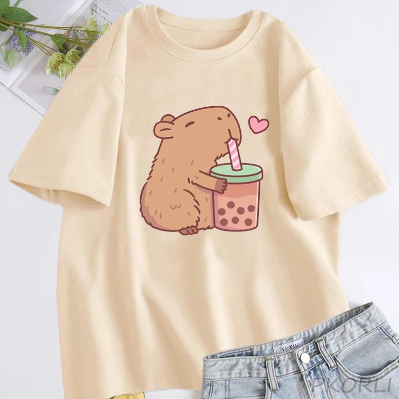 Cute Capybara Loves Bubble Tea T Shirt for Women Cotton Short Sleeve Cartoon Graphic T Shirts Summer Short Sleeve Tee Clothes