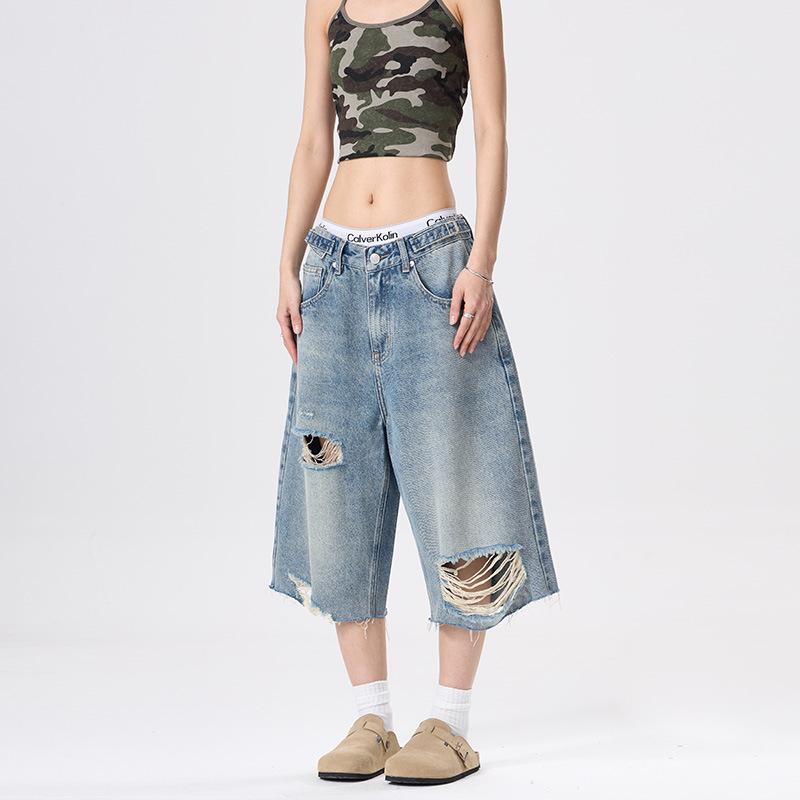 

New Summer Loose Ripped Jeans for Men s High Street Washing Old Wide-leg Mid-length Pants 2XL синий