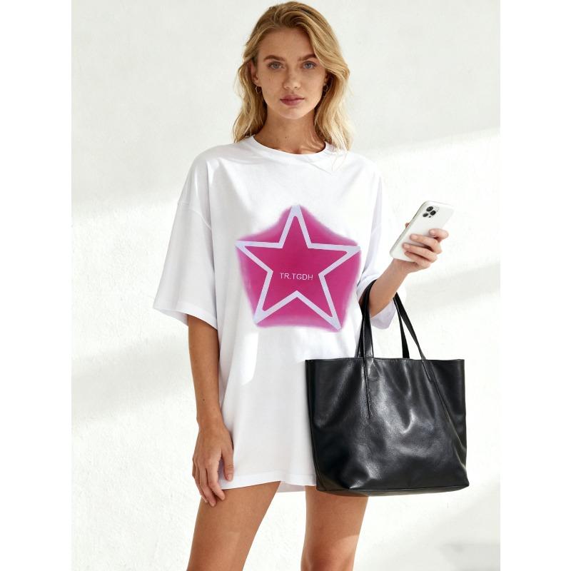 Oversized T Shirt Black Pink Star With Tr Tgdh Text Graphic Print Casual Streetwear For Women