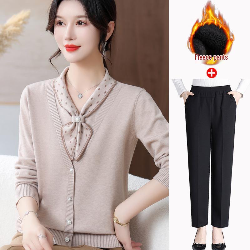 2025 Elegant Plus Velvet Knit Sweater for Middle-Aged & Elderly Women - Thickened, Stylish Autumn/Winter Base Layer Top