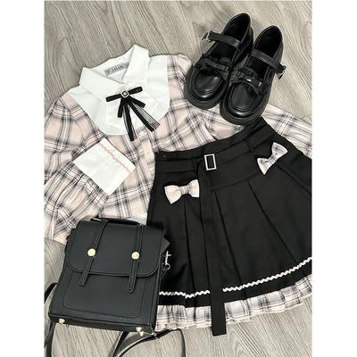Sweet College Plaid Patchwork Shirt Pleated Skirt Two Piece Set Women Korean Fashion Bow Retro Tie Cute Temperament Autumn Suit