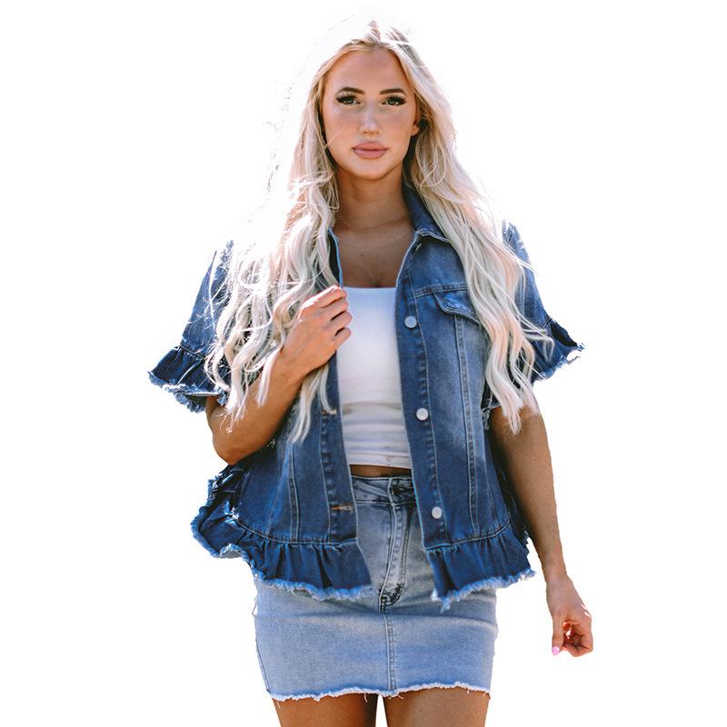 

2025 Spring/Summer Women s European American Gradient Frayed Denim Jacket - Single-Breasted, Multi-Button, Loose Fit Fashion Top S
