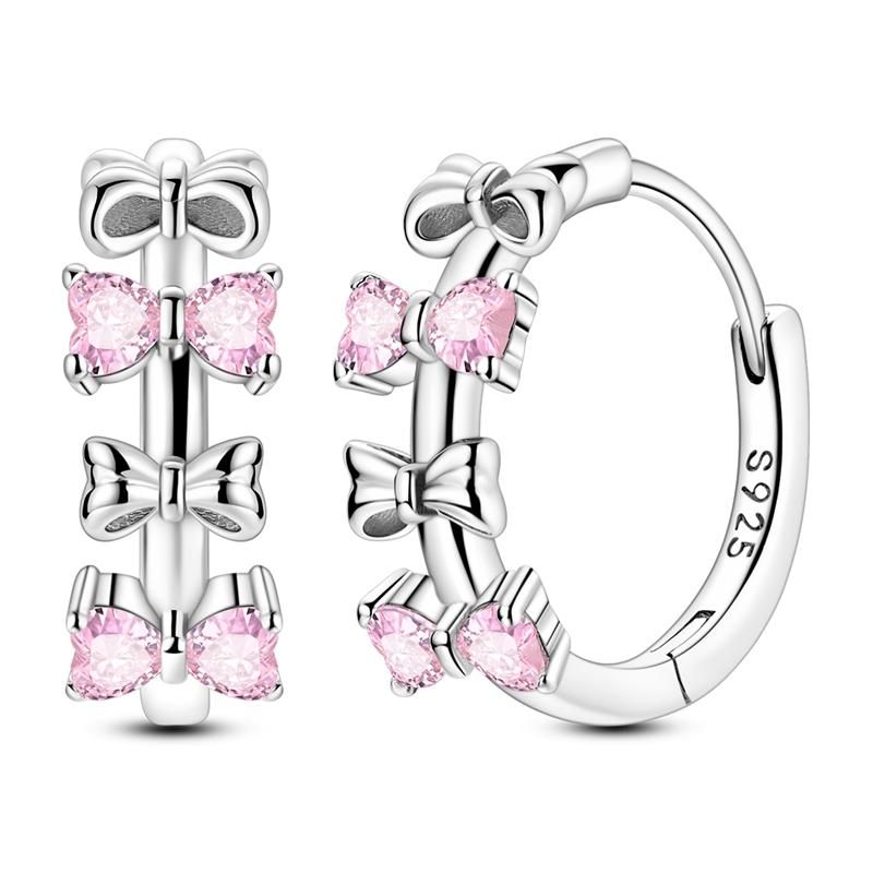 New Copper Sparkling Pink Bow Stud Earrings & Pavé Dangle Hoop Earrings For Girl Sweet Romantic Jewelry Gift