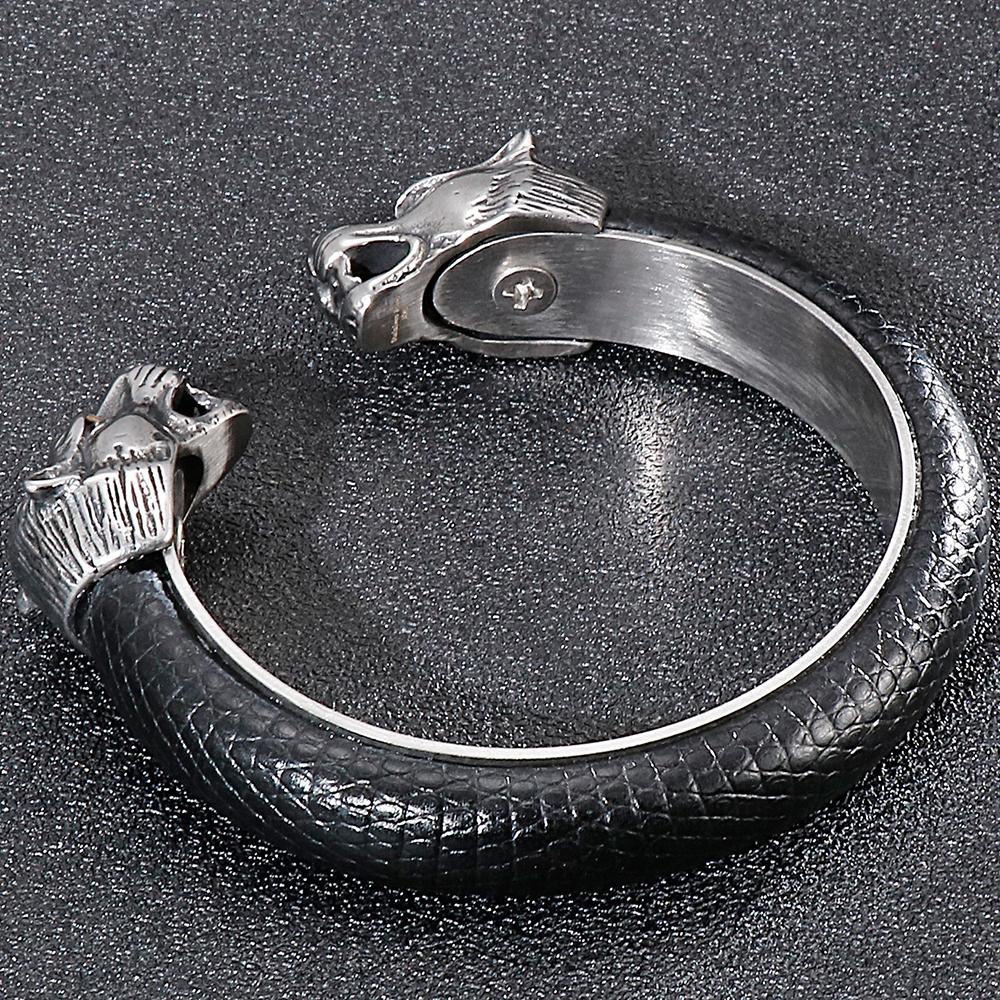 Edelstahl Wolfskopf Manschette Offener Armreif Armband Mann Schwarzes Leder Elastisch Verstellbar Jungen am Handgelenk Armbänder Herrenschmuck