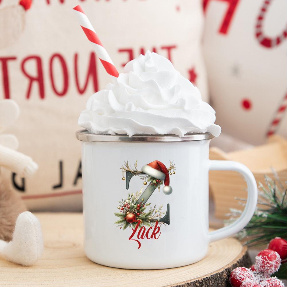 Personalisierte Tasse mit individuellem Namen 26 Buchstaben Emaille Weihnachtsbecher, Geschenk für sie, Weihnachts-Kaffeetasse, Frohe Weihnachten Geschenk