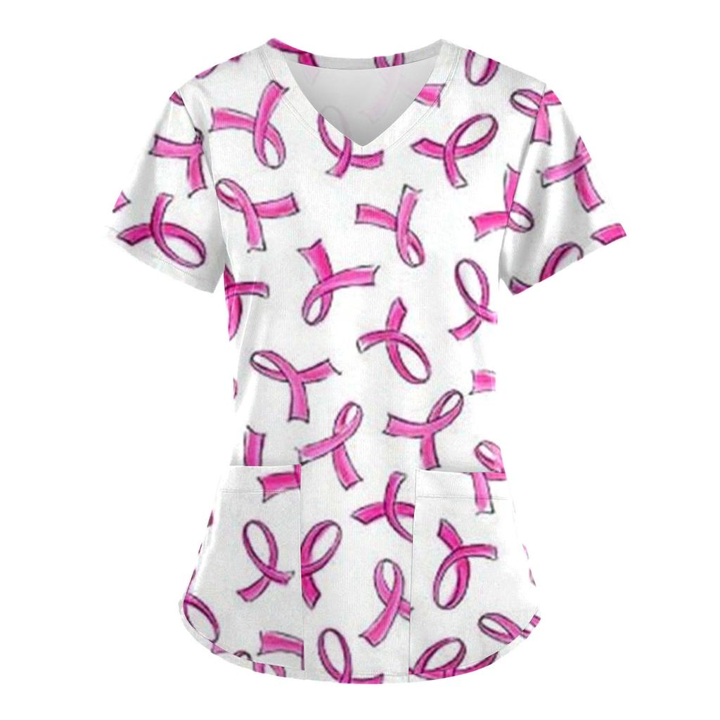 Scrubs Medical Uniform Pink Ribbon Cancer Fighter Graphic Women's Uniforms V Neck Short Sleeve Tops with Pockets Scrubs for Wome