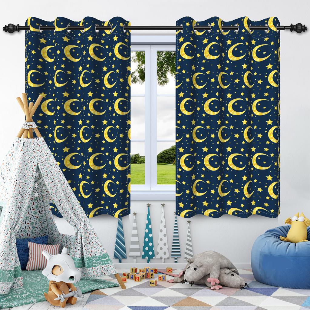 2pcs Moon Stars Window Curtains Children Bedroom Home Living Room Decoration Blackout Curtain Heat Insulation Noise Reduction