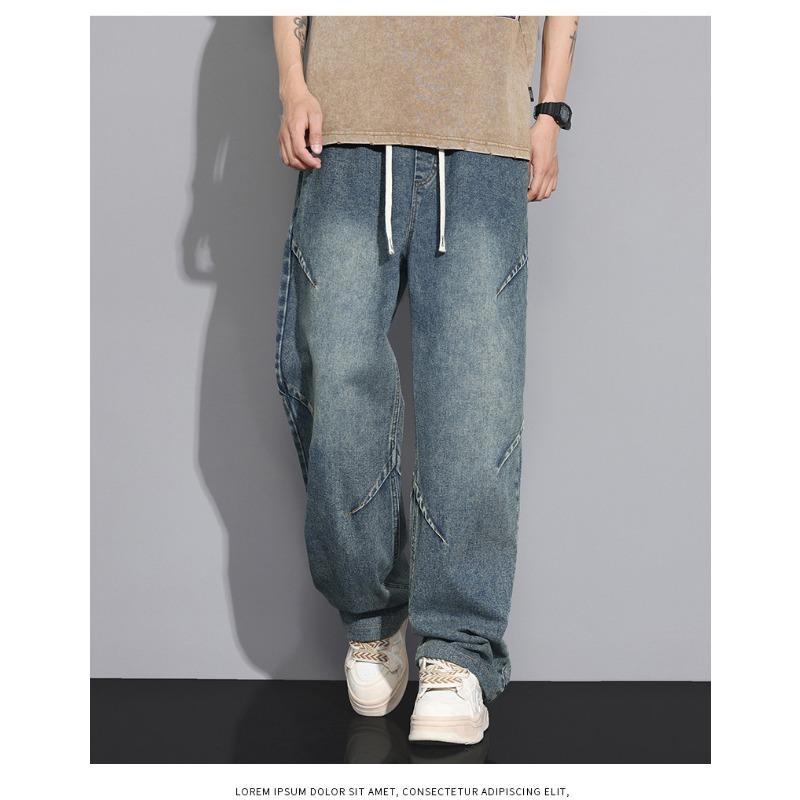 Men's Vintage Blue Wide Leg Drawstring Cargo Jeans - Oversized Streetwear Baggy Denim Trousers