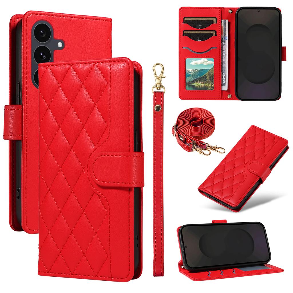 For Samsung Galaxy S25 FE Wallet Case Rhombus Leather Phone Cover with Strap