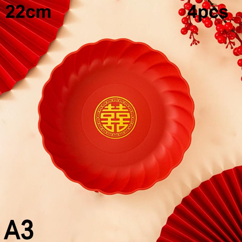 4Pcs Red Wedding Snack Tray Round Plastic Chinese  Year Nut Fruit Plate Chinese Thickened Serving Tray Entertainment