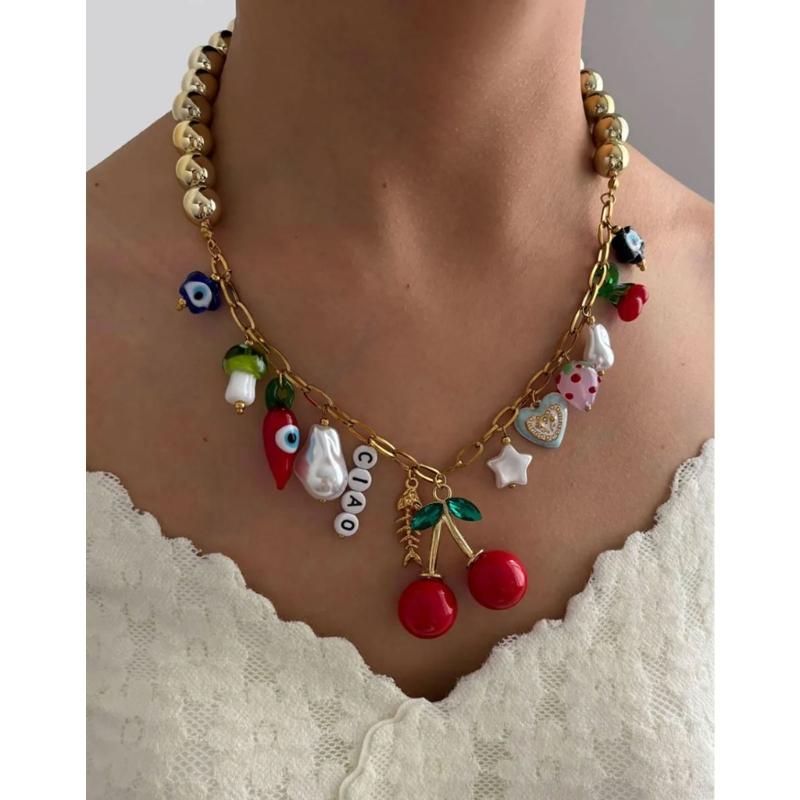 Colorful Summer Cherry Necklace Trendy Dopamine Jewelry Lightweight Stainless Steel Chain For Women